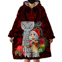 Guam Christmas Wearable Blanket Hoodie Santa Gift Latte Stone and Sea Turle Mix Hibiscus Chamorro Red Style LT03