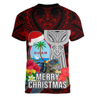 Guam Christmas Women V Neck T Shirt Santa Gift Latte Stone and Sea Turle Mix Hibiscus Chamorro Red Style LT03