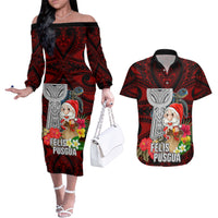 Custom Guam Christmas Couples Matching Off The Shoulder Long Sleeve Dress and Hawaiian Shirt Santa Gift Latte Stone and Sea Turle Mix Hibiscus Chamorro Red Style LT03