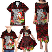 Custom Guam Christmas Family Matching Puletasi Dress and Hawaiian Shirt Santa Gift Latte Stone and Sea Turle Mix Hibiscus Chamorro Red Style LT03