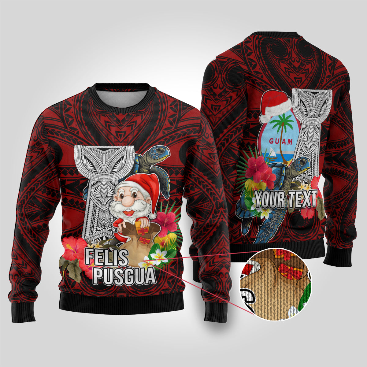 Custom Guam Christmas Ugly Christmas Sweater Santa Gift Latte Stone and Sea Turle Mix Hibiscus Chamorro Red Style LT03