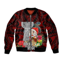 Custom Guam Christmas Sleeve Zip Bomber Jacket Santa Gift Latte Stone and Sea Turle Mix Hibiscus Chamorro Red Style LT03
