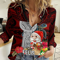 Custom Guam Christmas Women Casual Shirt Santa Gift Latte Stone and Sea Turle Mix Hibiscus Chamorro Red Style LT03