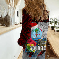 Custom Guam Christmas Women Casual Shirt Santa Gift Latte Stone and Sea Turle Mix Hibiscus Chamorro Red Style LT03