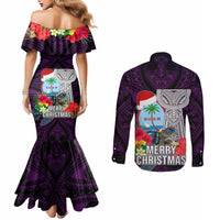 Guam Christmas Couples Matching Mermaid Dress and Long Sleeve Button Shirt Santa Gift Latte Stone and Sea Turle Mix Hibiscus Chamorro Pink Style LT03 - Polynesian Pride