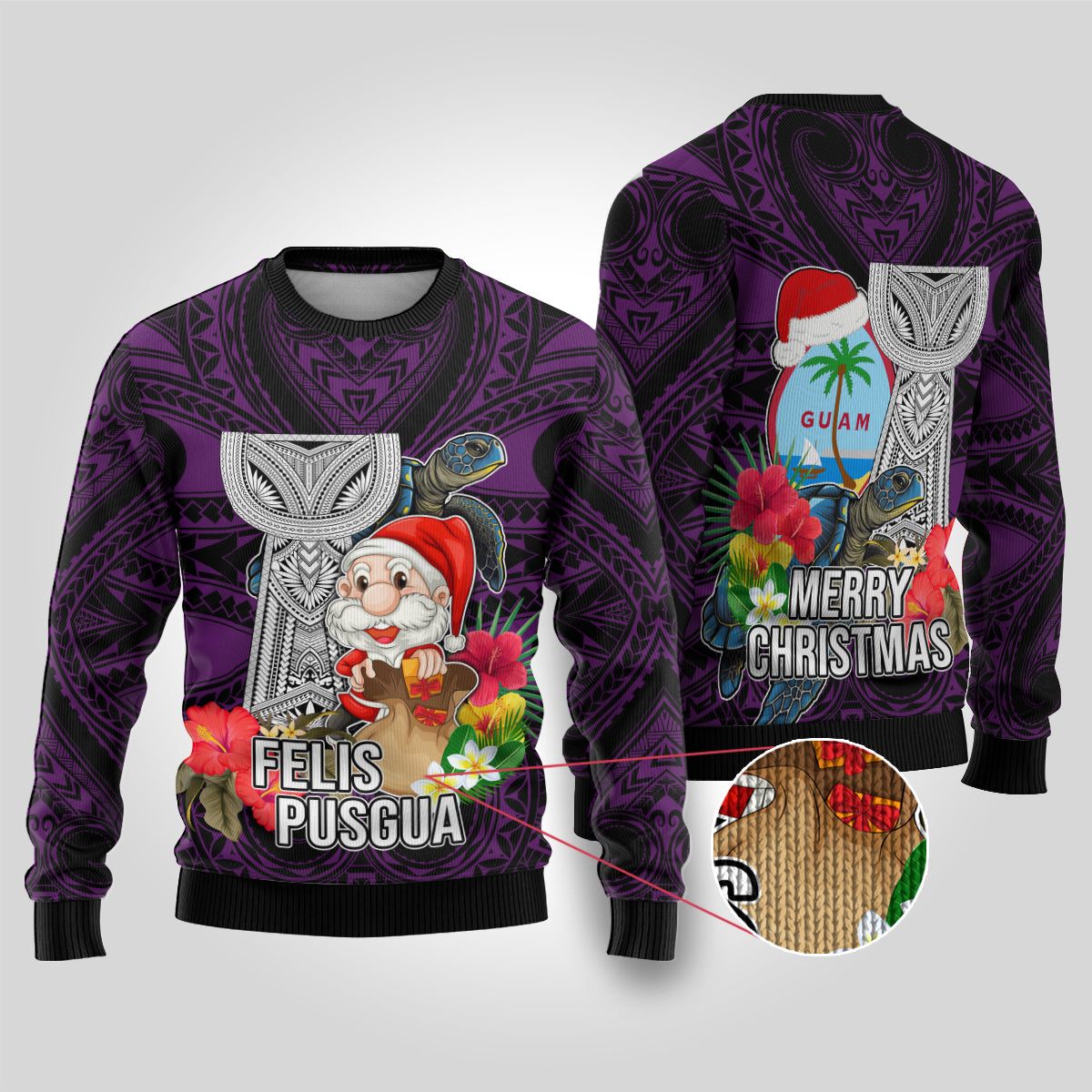 Guam Christmas Ugly Christmas Sweater Santa Gift Latte Stone and Sea Turle Mix Hibiscus Chamorro Pink Style LT03
