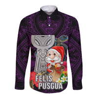 Custom Guam Christmas Long Sleeve Button Shirt Santa Gift Latte Stone and Sea Turle Mix Hibiscus Chamorro Pink Style LT03