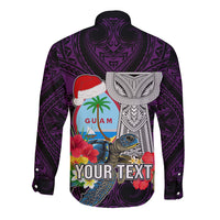 Custom Guam Christmas Long Sleeve Button Shirt Santa Gift Latte Stone and Sea Turle Mix Hibiscus Chamorro Pink Style LT03