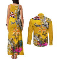 Niue Waitangi Couples Matching Tank Maxi Dress and Long Sleeve Button Shirt Tropical Flower Tapa Pattern LT03 - Polynesian Pride