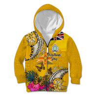 Niue Waitangi Kid Hoodie Tropical Flower Tapa Pattern LT03 Zip Hoodie Yellow - Polynesian Pride
