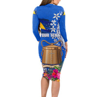 Tokelau Waitangi Long Sleeve Bodycon Dress Tropical Flower Tapa Pattern LT03 - Polynesian Pride