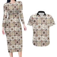 Tukenny Pattern Fijian War Clubs Couples Matching Long Sleeve Bodycon Dress and Hawaiian Shirt LT03 Beige - Polynesian Pride