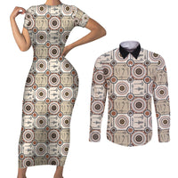 Tukenny Pattern Fijian War Clubs Couples Matching Short Sleeve Bodycon Dress and Long Sleeve Button Shirt LT03 Beige - Polynesian Pride