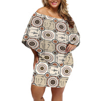 Tukenny Pattern Fijian War Clubs Off Shoulder Short Dress LT03 Women Beige - Polynesian Pride
