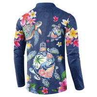 Hawaiian Turtles and Tropical Plants Button Sweatshirt Blue Watercolor