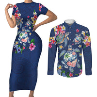 Hawaiian Turtles and Tropical Plants Couples Matching Short Sleeve Bodycon Dress and Long Sleeve Button Shirt Blue Watercolor