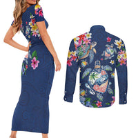 Hawaiian Turtles and Tropical Plants Couples Matching Short Sleeve Bodycon Dress and Long Sleeve Button Shirt Blue Watercolor