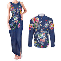 Hawaiian Turtles and Tropical Plants Couples Matching Tank Maxi Dress and Long Sleeve Button Shirt Blue Watercolor