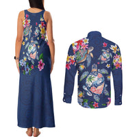 Hawaiian Turtles and Tropical Plants Couples Matching Tank Maxi Dress and Long Sleeve Button Shirt Blue Watercolor