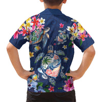 Hawaiian Turtles and Tropical Plants Family Matching Off The Shoulder Long Sleeve Dress and Hawaiian Shirt Blue Watercolor LT03 - Polynesian Pride