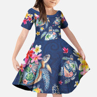 Hawaiian Turtles and Tropical Plants Family Matching Off Shoulder Maxi Dress and Hawaiian Shirt Blue Watercolor LT03 Daughter's Dress Blue - Polynesian Pride