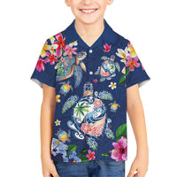 Hawaiian Turtles and Tropical Plants Family Matching Summer Maxi Dress and Hawaiian Shirt Blue Watercolor LT03 Son's Shirt Blue - Polynesian Pride