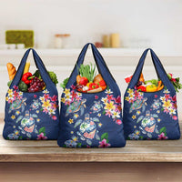 Hawaiian Turtles and Tropical Plants Grocery Bag Blue Watercolor