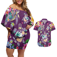 Hawaiian Turtles and Tropical Plants Couples Matching Off Shoulder Short Dress and Hawaiian Shirt Purple Watercolor