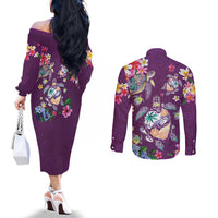 Hawaiian Turtles and Tropical Plants Couples Matching Off The Shoulder Long Sleeve Dress and Long Sleeve Button Shirt Purple Watercolor