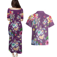 Hawaiian Turtles and Tropical Plants Couples Matching Puletasi and Hawaiian Shirt Purple Watercolor
