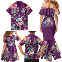 Hawaiian Turtles and Tropical Plants Family Matching Mermaid Dress and Hawaiian Shirt Purple Watercolor