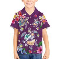Hawaiian Turtles and Tropical Plants Family Matching Mermaid Dress and Hawaiian Shirt Purple Watercolor