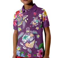 Hawaiian Turtles and Tropical Plants Kid Polo Shirt Purple Watercolor