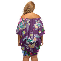 Hawaiian Turtles and Tropical Plants Off Shoulder Short Dress Purple Watercolor