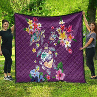 Hawaiian Turtles and Tropical Plants Quilt Purple Watercolor