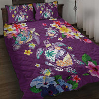 Hawaiian Turtles and Tropical Plants Quilt Bed Set Purple Watercolor