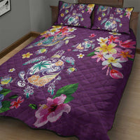 Hawaiian Turtles and Tropical Plants Quilt Bed Set Purple Watercolor
