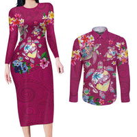 Hawaiian Turtles and Tropical Plants Couples Matching Long Sleeve Bodycon Dress and Long Sleeve Button Shirt Pink Watercolor