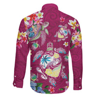 Hawaiian Turtles and Tropical Plants Family Matching Long Sleeve Bodycon Dress and Hawaiian Shirt Pink Watercolor