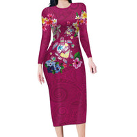 Hawaiian Turtles and Tropical Plants Family Matching Long Sleeve Bodycon Dress and Hawaiian Shirt Pink Watercolor