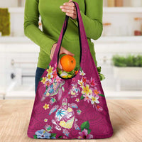 Hawaiian Turtles and Tropical Plants Grocery Bag Pink Watercolor