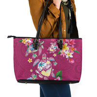 Hawaiian Turtles and Tropical Plants Leather Tote Bag Pink Watercolor LT03 - Polynesian Pride