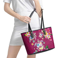 Hawaiian Turtles and Tropical Plants Leather Tote Bag Pink Watercolor LT03 - Polynesian Pride
