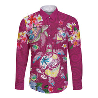 Hawaiian Turtles and Tropical Plants Long Sleeve Button Shirt Pink Watercolor
