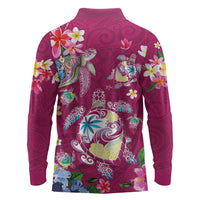 Hawaiian Turtles and Tropical Plants Long Sleeve Polo Shirt Pink Watercolor LT03 - Polynesian Pride