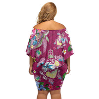 Hawaiian Turtles and Tropical Plants Off Shoulder Short Dress Pink Watercolor LT03 - Polynesian Pride
