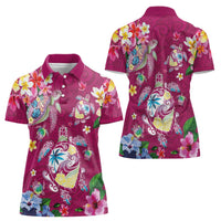 Hawaiian Turtles and Tropical Plants Women Polo Shirt Pink Watercolor