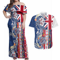 Hawaiian Manta Ray and Turtle Tribal Tattoo Couples Matching Off Shoulder Maxi Dress and Hawaiian Shirt With Hawaii Flag and Flowers