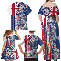 Hawaiian Manta Ray and Turtle Tribal Tattoo Family Matching Off Shoulder Maxi Dress and Hawaiian Shirt With Hawaii Flag and Flowers