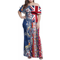 Hawaiian Manta Ray and Turtle Tribal Tattoo Family Matching Off Shoulder Maxi Dress and Hawaiian Shirt With Hawaii Flag and Flowers
